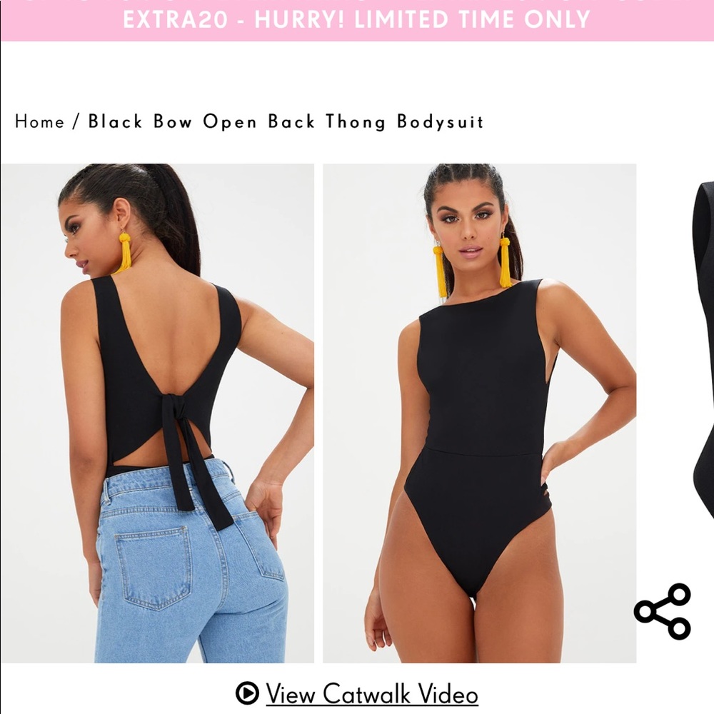 PLT Black Bow Open Back Thong Bodysuit